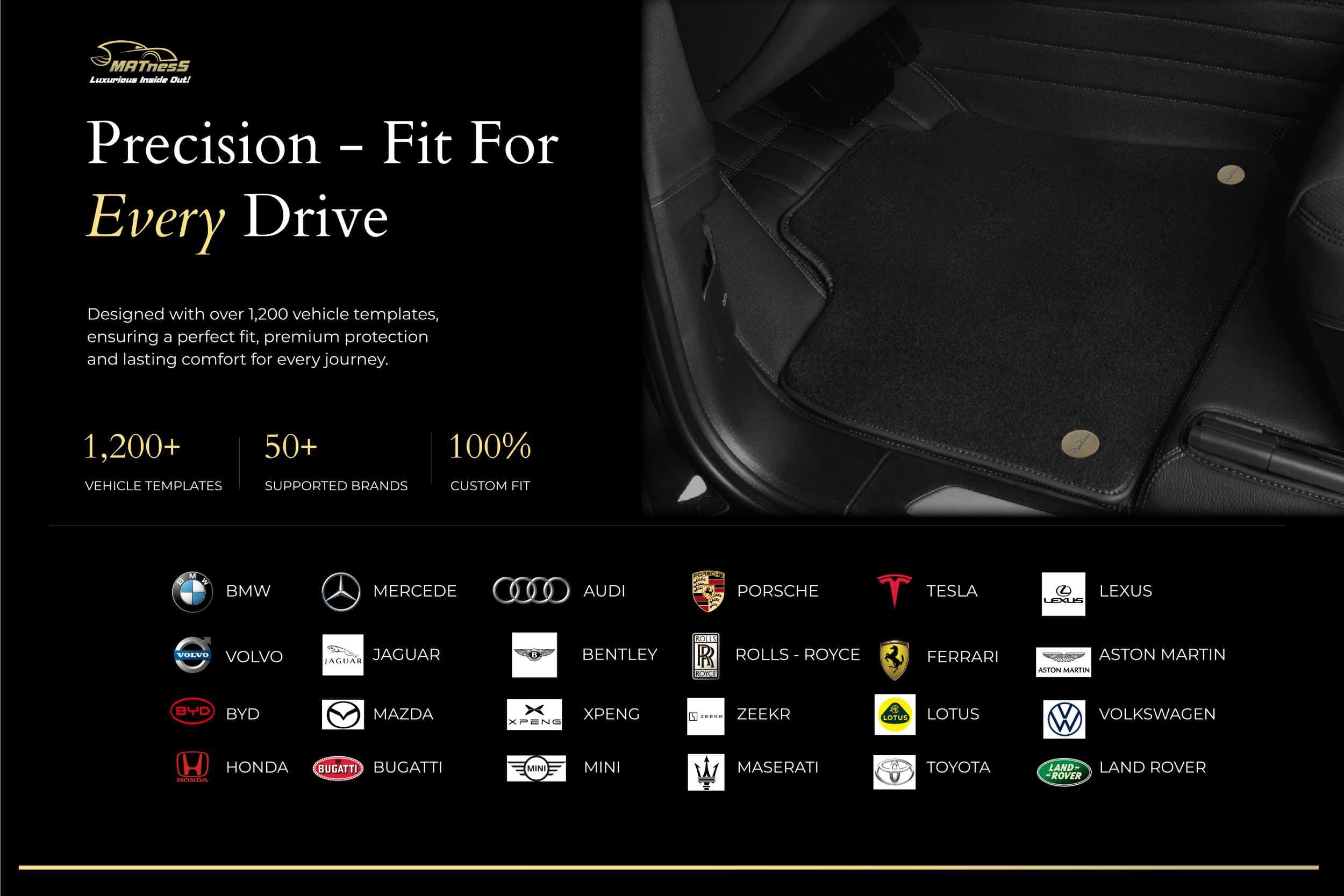 MATNESS — precision-fit leather car mats for 1,200+ vehicle templates, 50+ supported brands